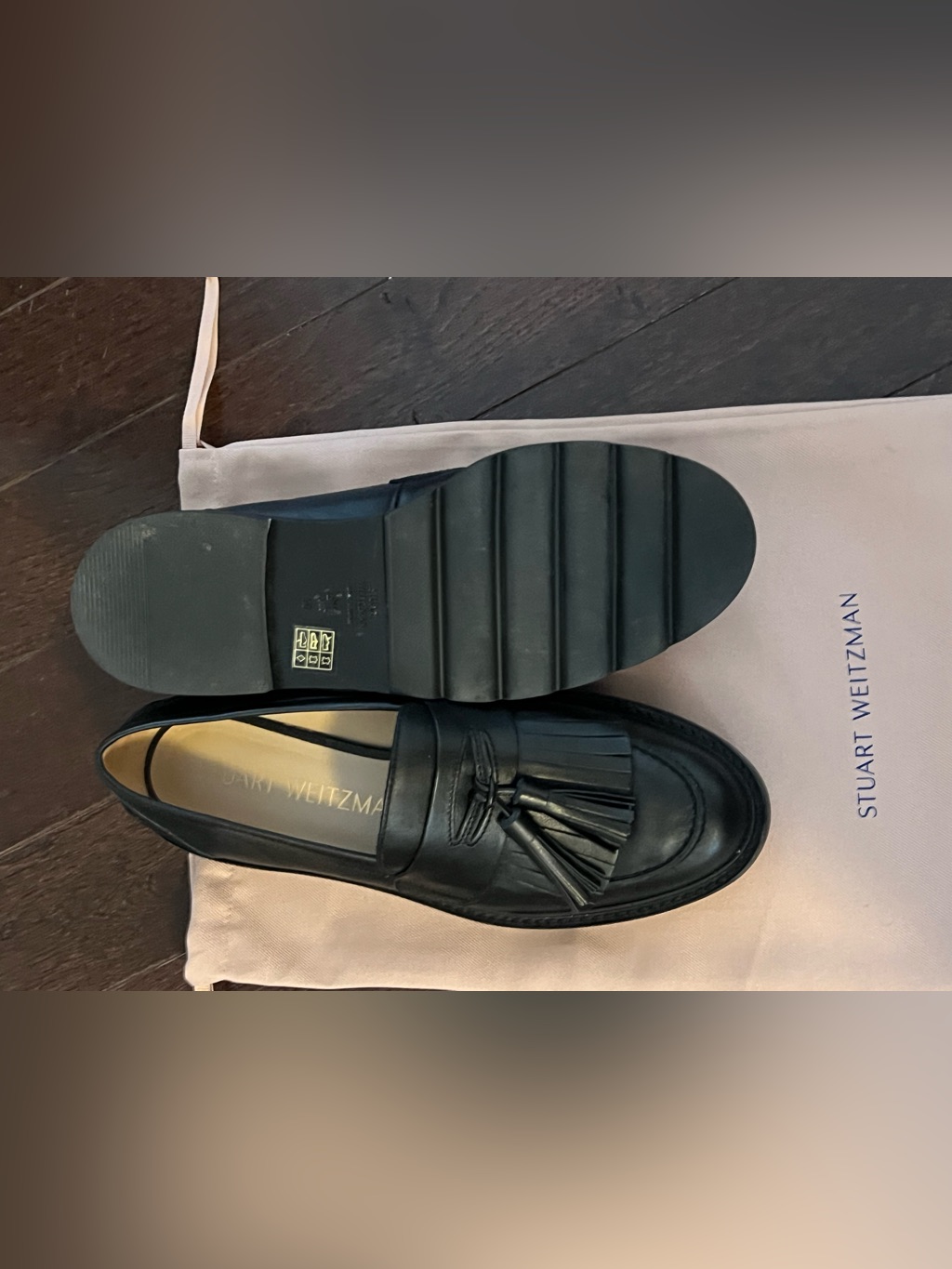 Stuart Weitzman Men’s Black Leather Tassel Kiltie Loafers